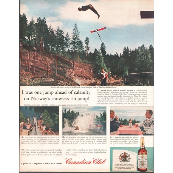 1961 Canadian Club Whisky Vintage Print Ad Ski Jumping Jump Norway Nordic Art - Picture 1 of 1